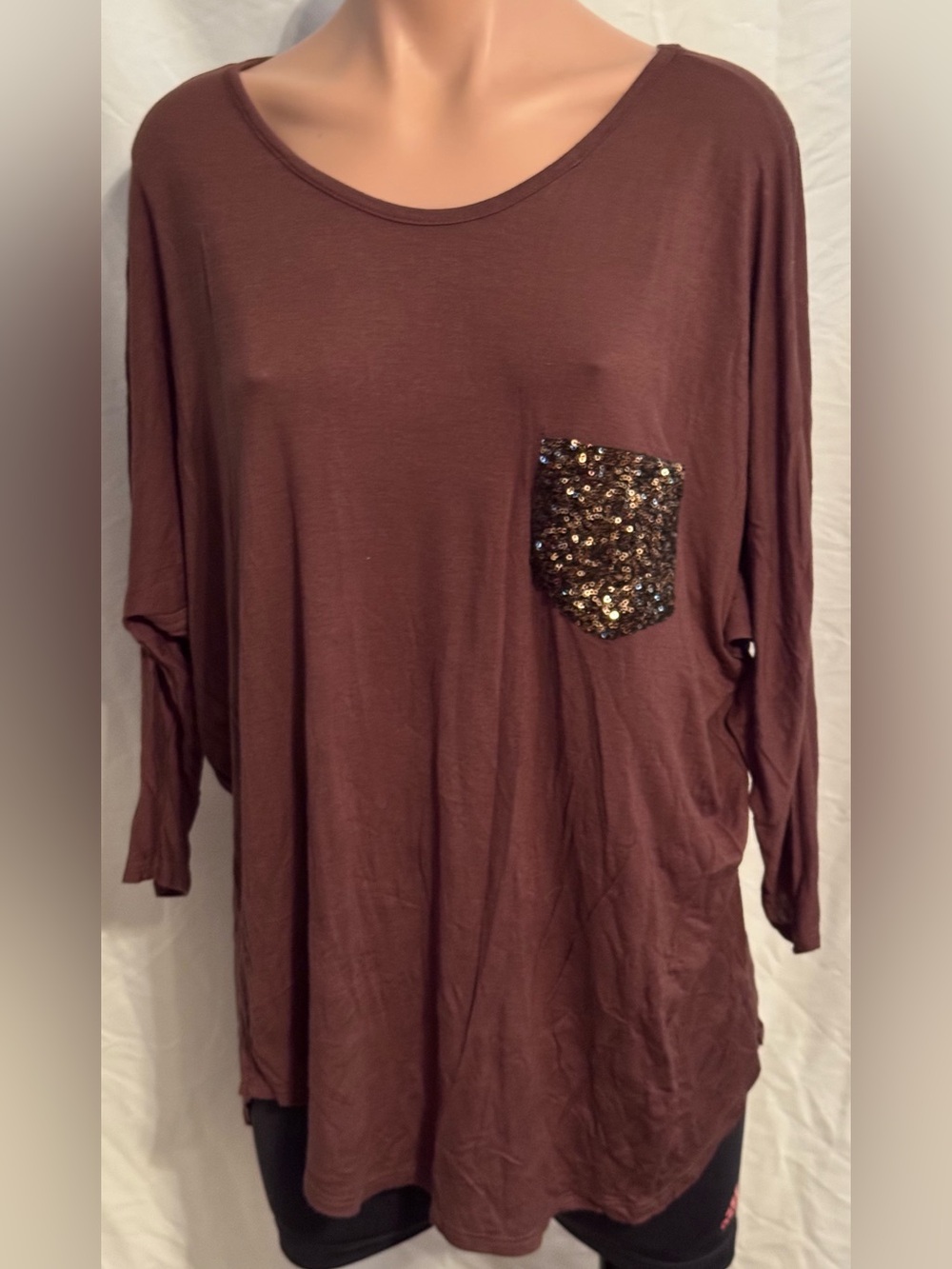 Pretty Rust Brown Long Dolman Sleeve Top with Sequin Pocket L